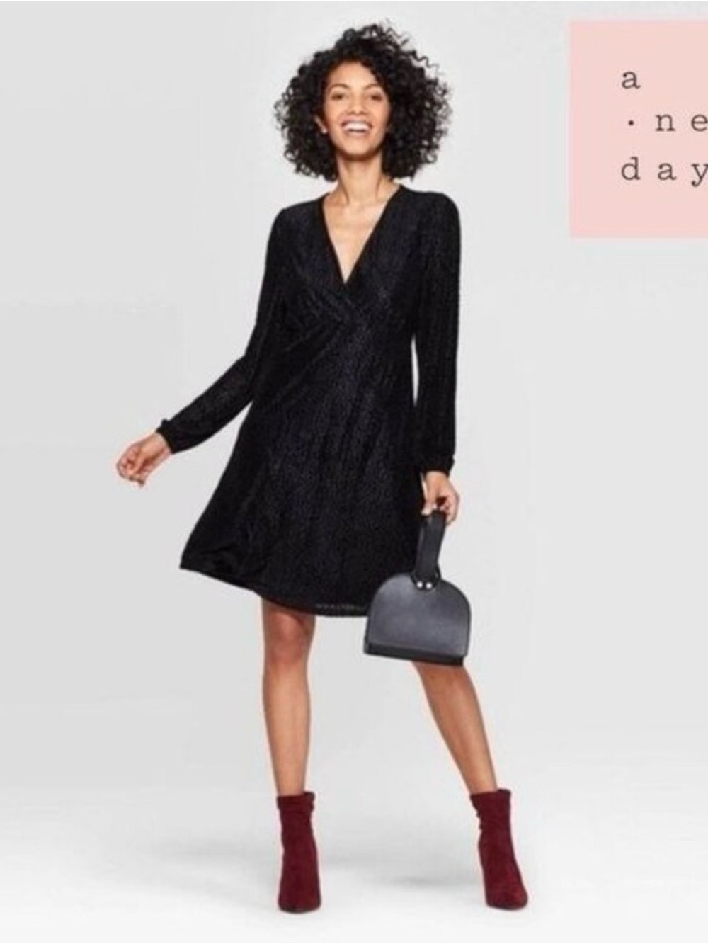 NEW NWT A New Day Black Velvet Dot V-Neck Long Sleeve Swing Party Dress $30 Tag